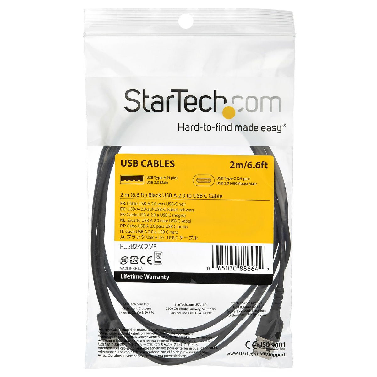 StarTech.com 2M USB A to USB C Charging Cable 60W Fast Charge Sync Black