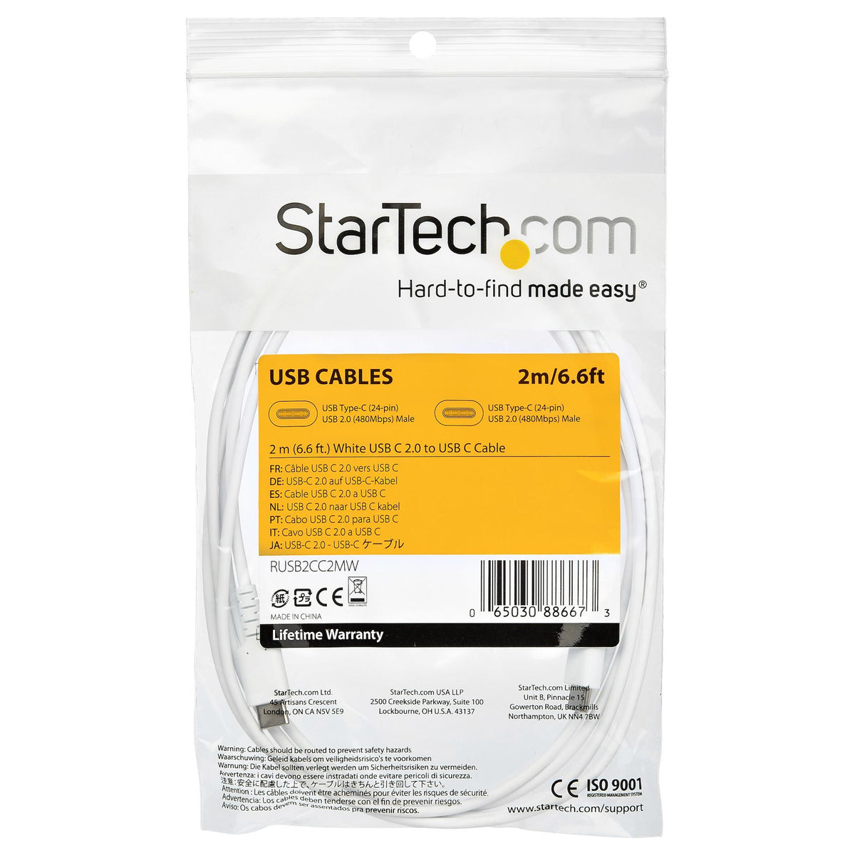 StarTech.com 2m USB-C Charging Cable 60W Durable White TPE Jacket M/M USB 2.0