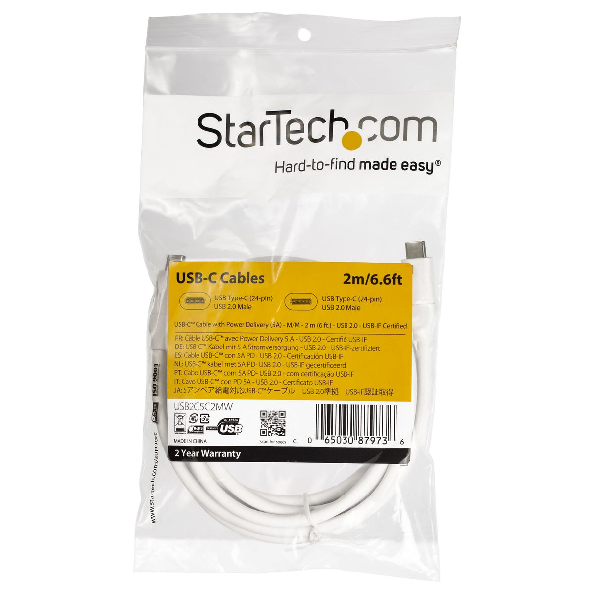 StarTech.com 2m USB-C to USB-C Cable 5A PD M/M White USB 2.0 USB-IF Certified