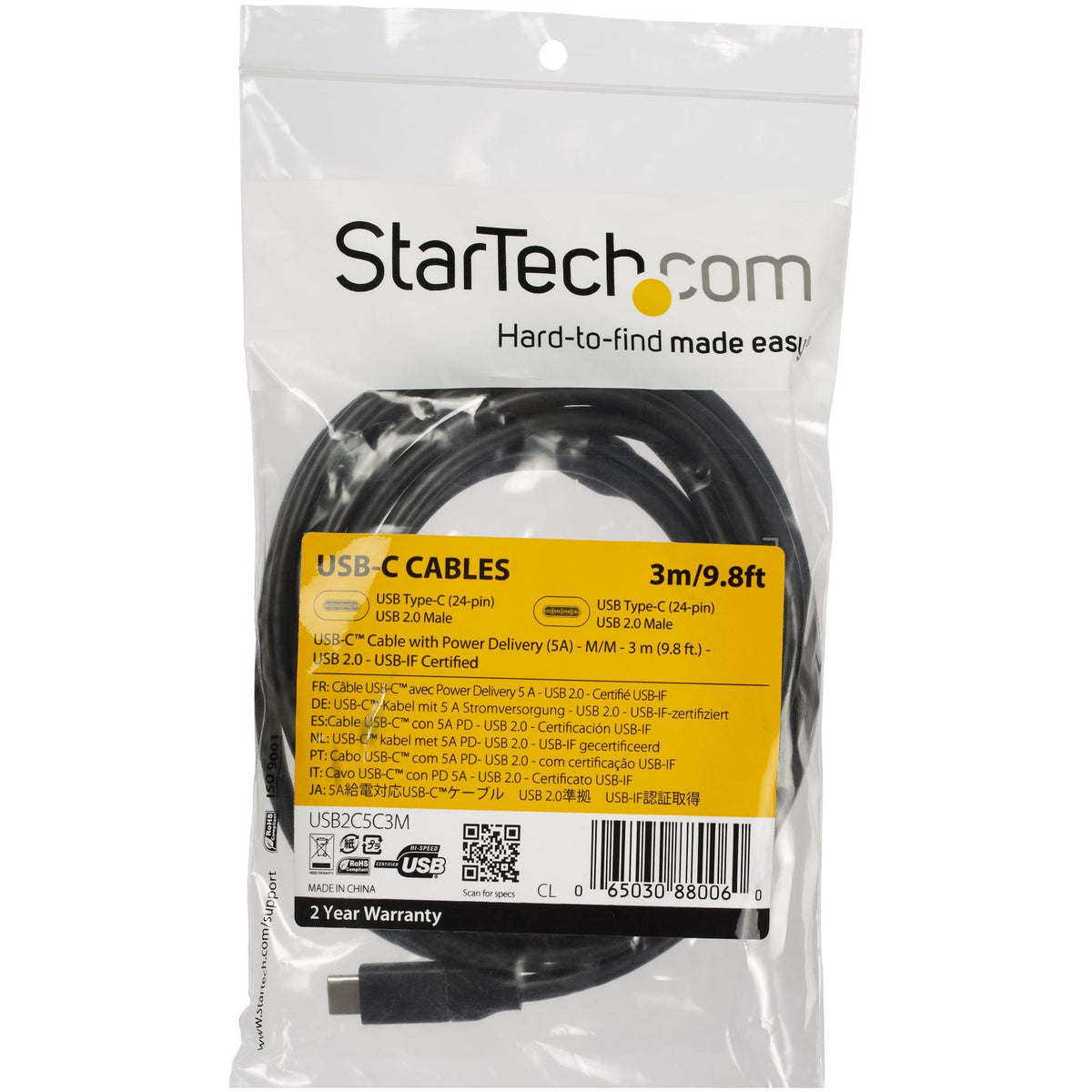 StarTech.com 3m USB-C to USB-C Cable 5A PD M/M USB 2.0 USB-IF Certified
