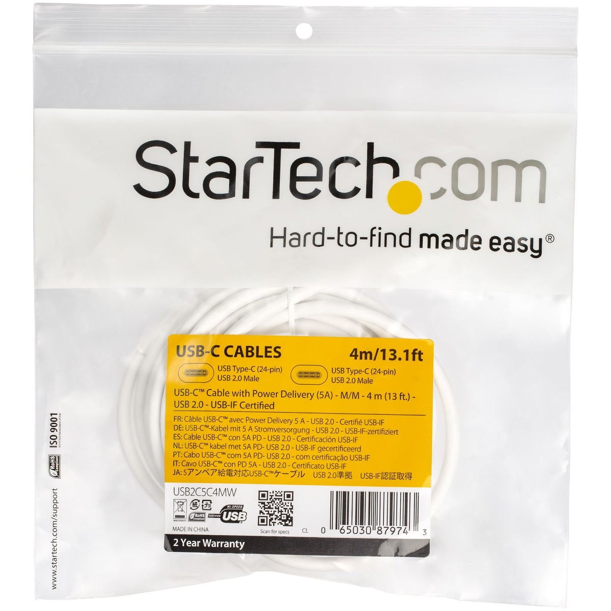 StarTech.com 4m USB-C to USB-C Cable 5A PD M/M White USB 2.0