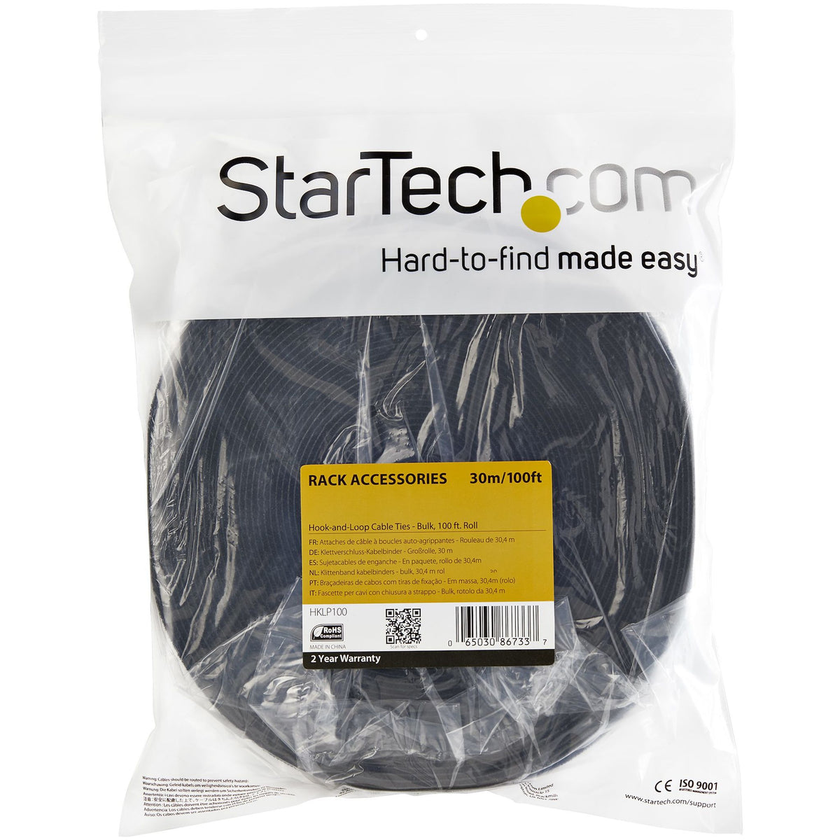 StarTech.com HKLP100 100ft Hook and Loop Roll BlackReusable Cable Ties