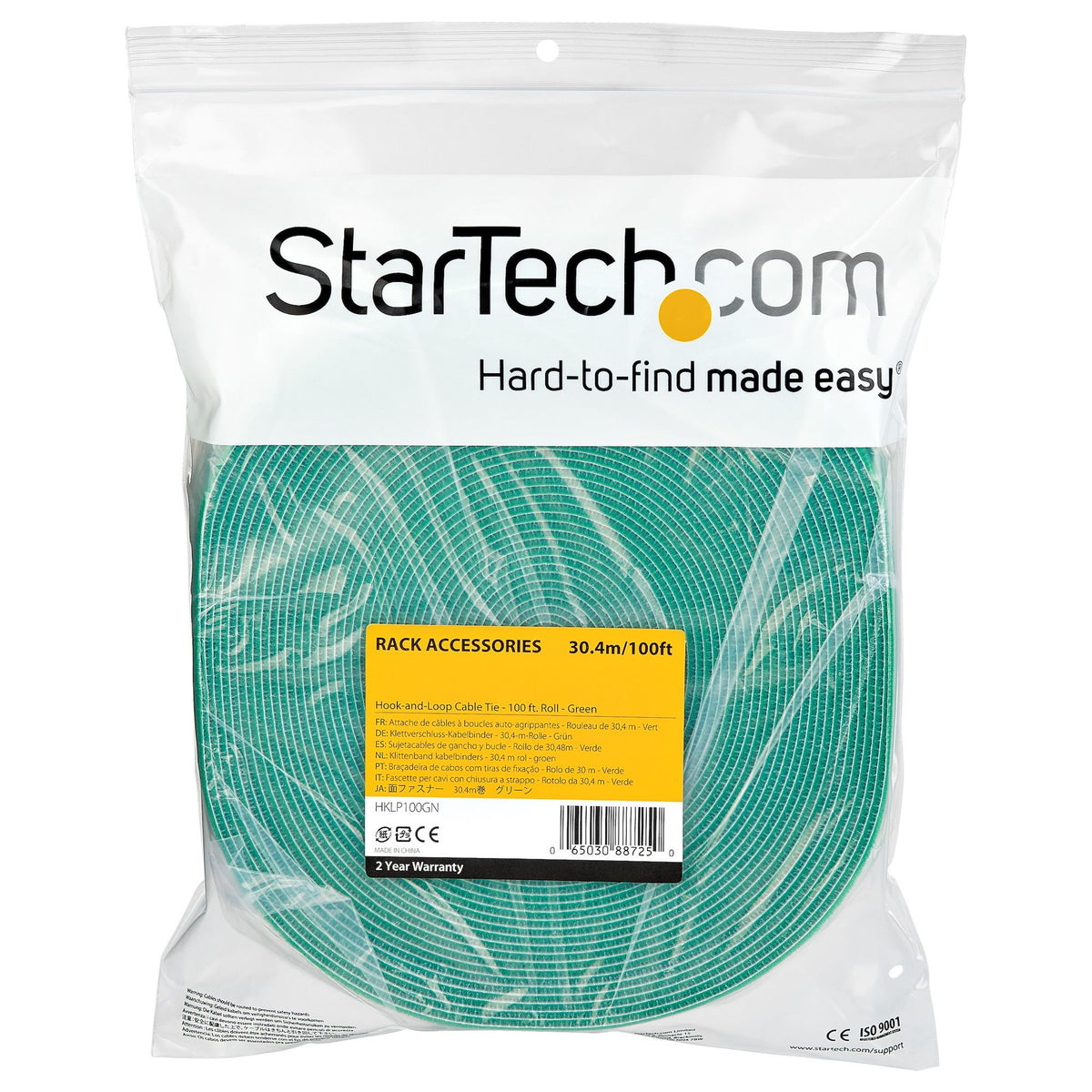StarTech.com HKLP100 100ft Hook and Loop Roll Green Reusable Cable Ties