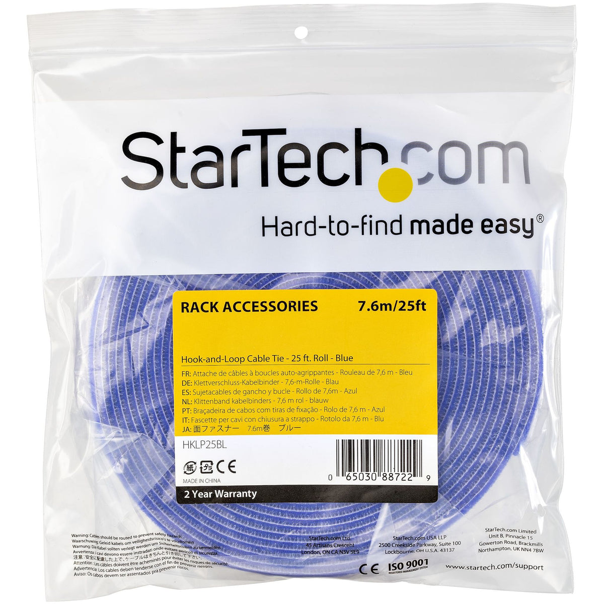 StarTech.com HKLP25 25ft Hook and Loop Roll Blue Reusable Cable Ties