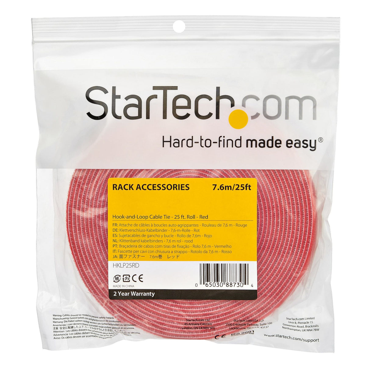 StarTech.com HKLP25 25ft Hook and Loop Roll Red Reusable Cable Ties