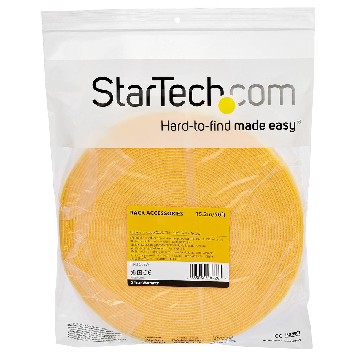 StarTech.com HKLP25 25ft Hook and Loop Roll Yellow Reusable Cable Ties