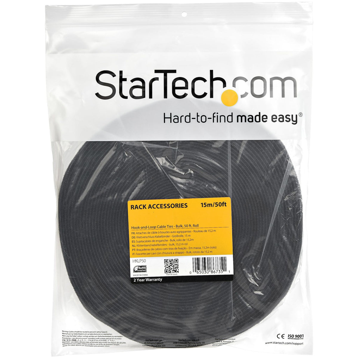 StarTech.com HKLP50 50ft Hook and Loop Roll BlackReusable Cable Ties