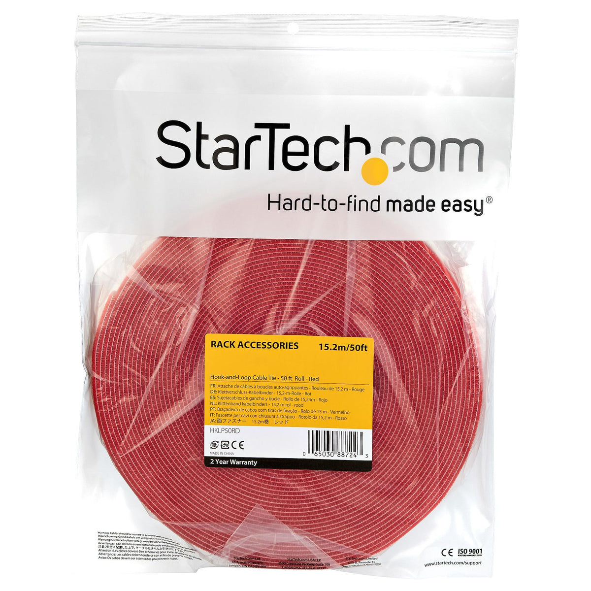 StarTech.com HKLP50 50ft Hook and Loop Roll Red Reusable Cable Ties