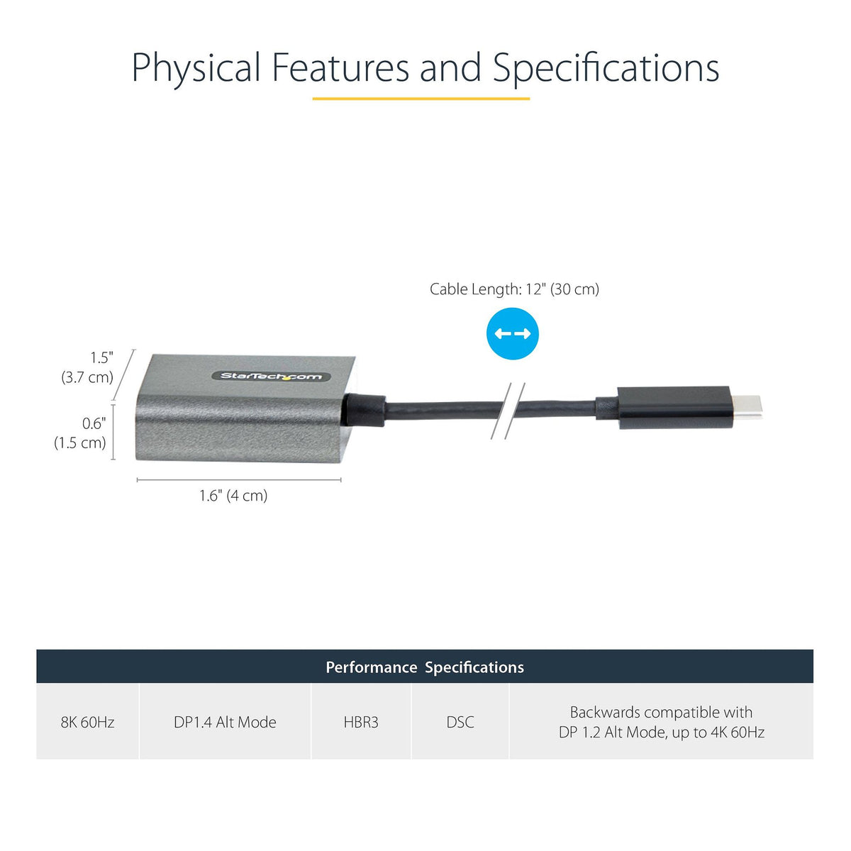 StarTech.com USB C to DisplayPort Adapter 8K 60Hz 12" Cable DP 1.4