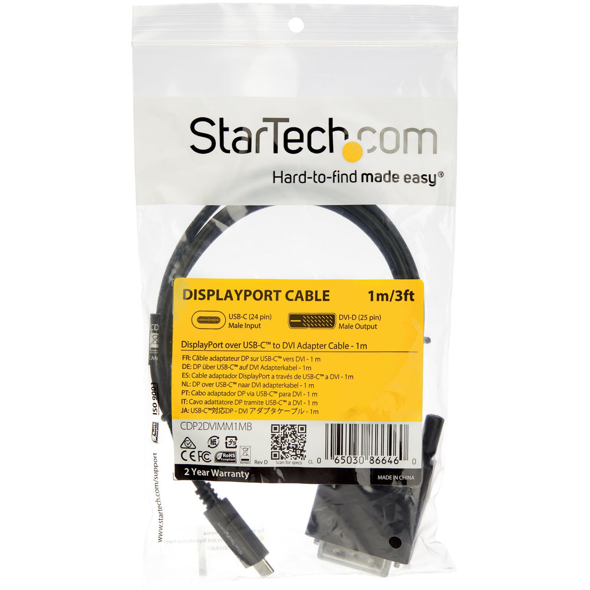 StarTech.com USB-C to DVI Cable 1m 1920x1200 Black