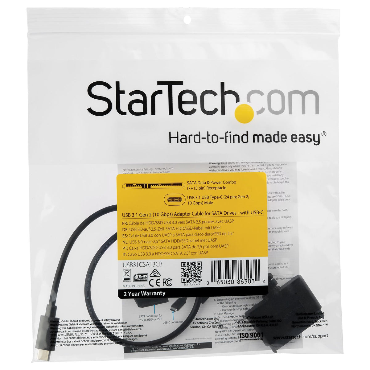 StarTech.com USB-C to SATA Adapter Cable for 2.5" Drives USB 3.1 10Gbps UASP