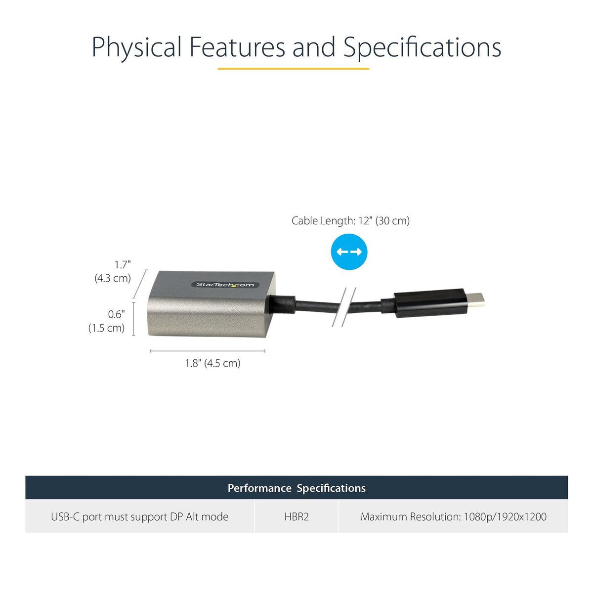 StarTech.com USB-C to VGA Adapter 12" Cable 1920x1200 Black