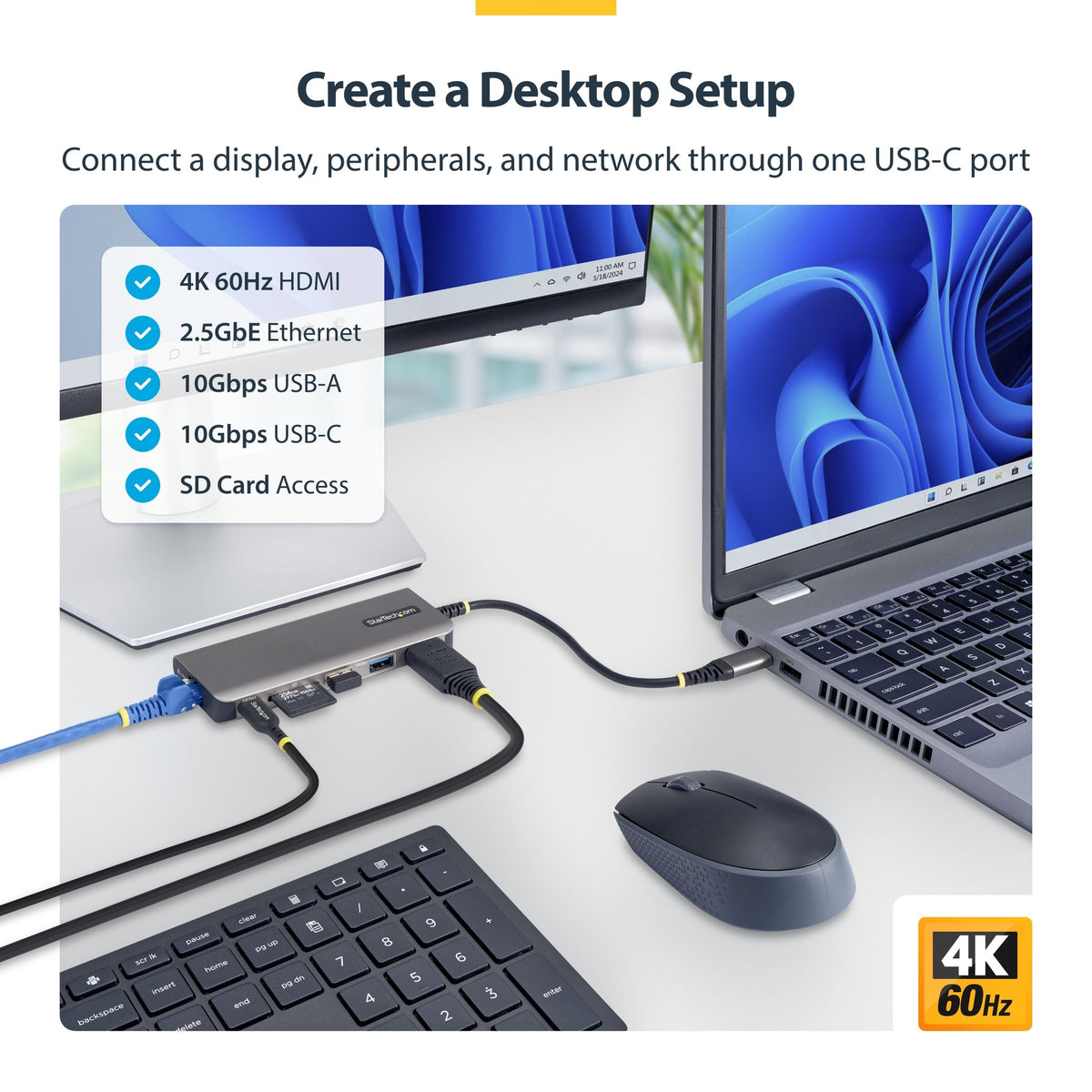 StarTech USB-C Multiport Adapter 4K HDMI 3-Port USB Hub GbE SD 140W PD