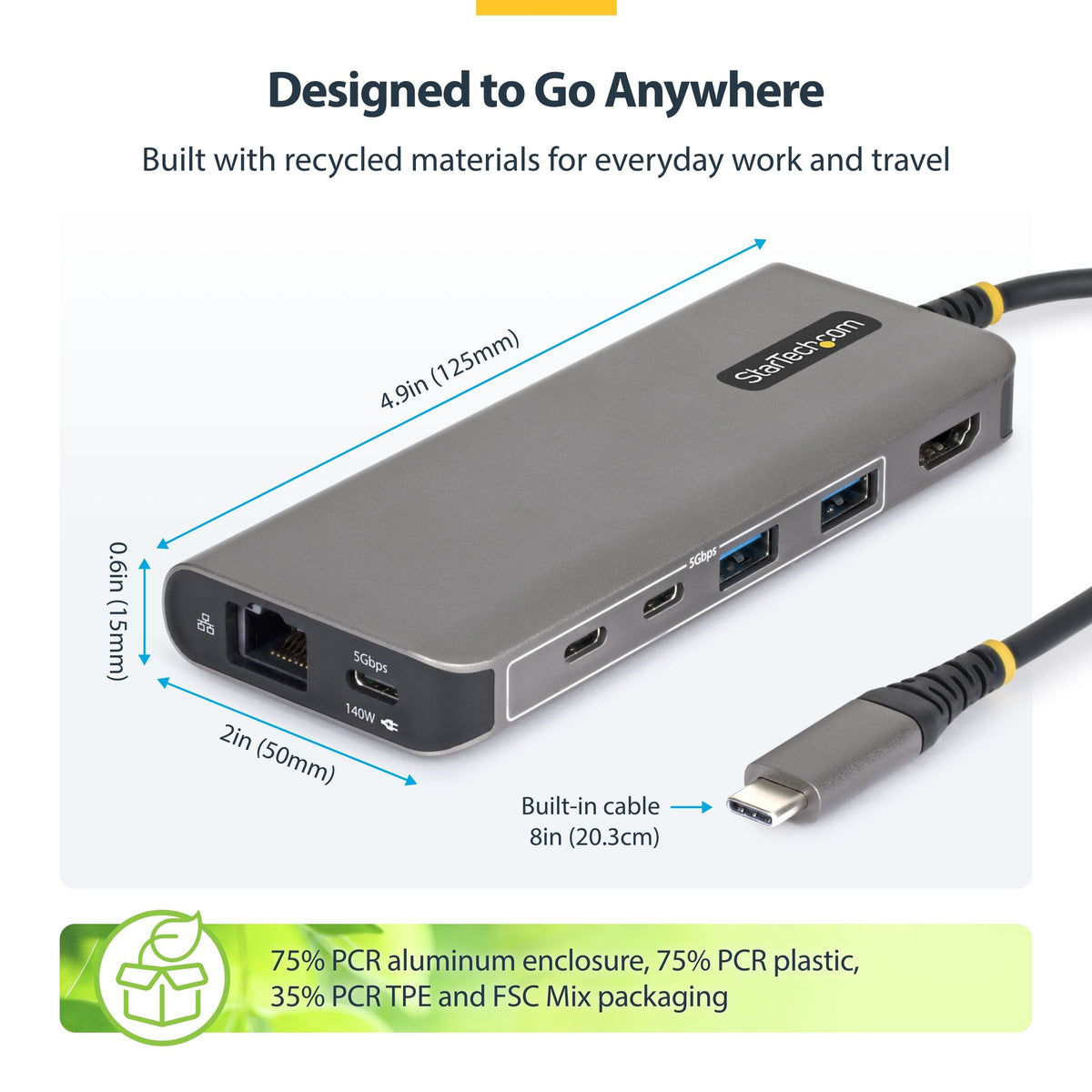 StarTech USB-C to HDMI Multiport Adapter 4K 60Hz 140W PD 5-Port Hub GbE