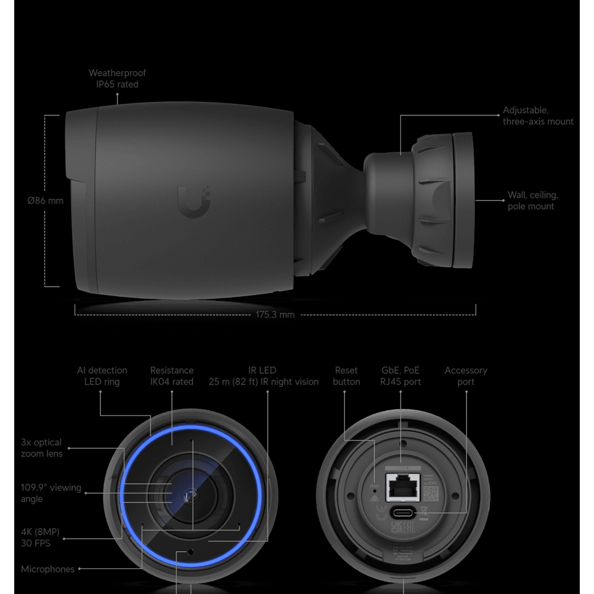 Ubiquiti AI Professional UniFi Protect Indoor/Outdoor 4K PoE Camera Black IP65 Waterproof tl:af107839