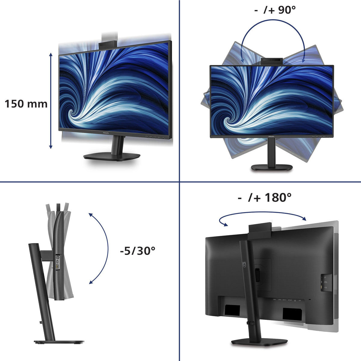 Philips 27B2U3601H 27" QHD USB-C Monitor DP HDMI RJ45 Pop-Up Webcam Speakers