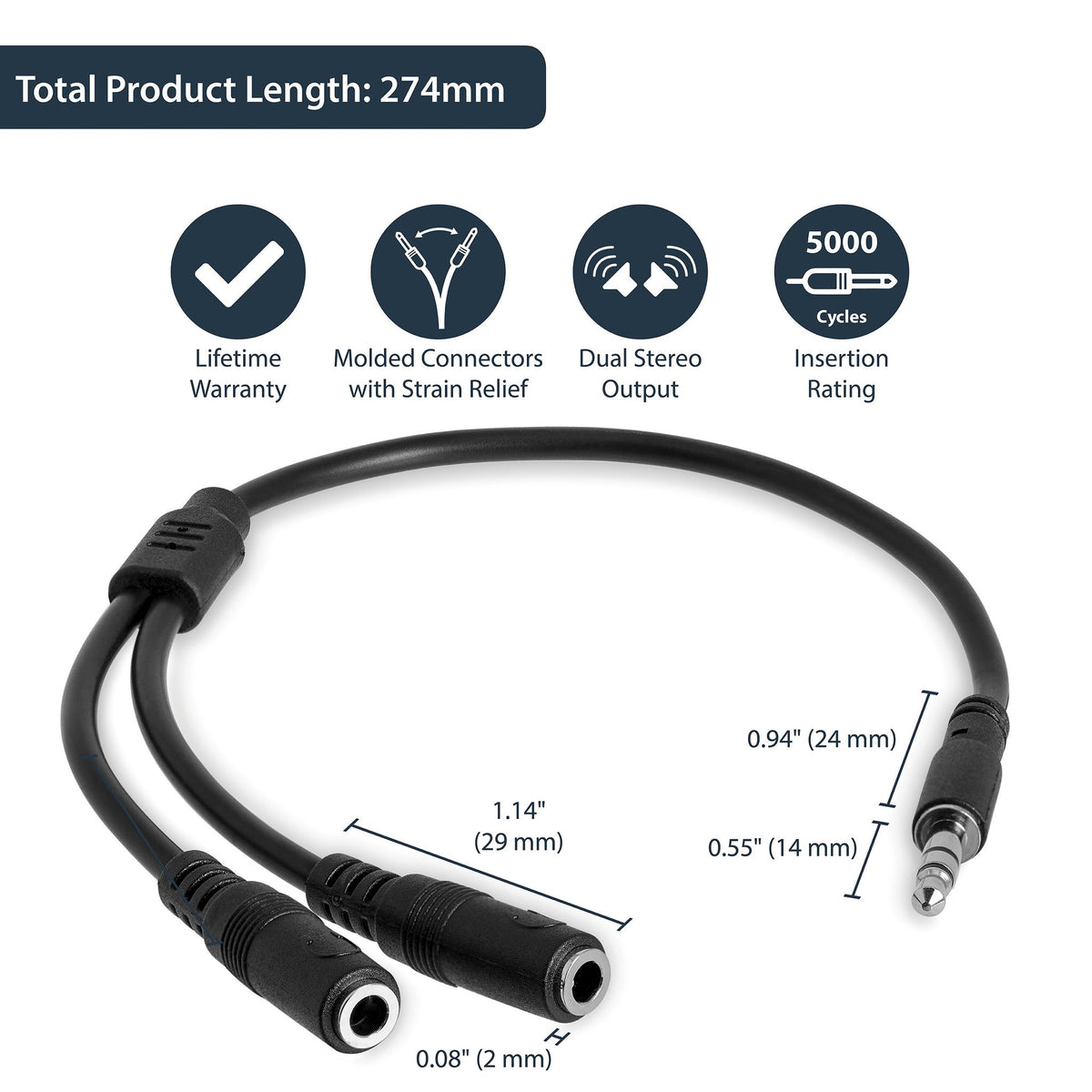 StarTech.com Slim Stereo Splitter Cable 3.5mm Male to 2x 3.5mm Female Black