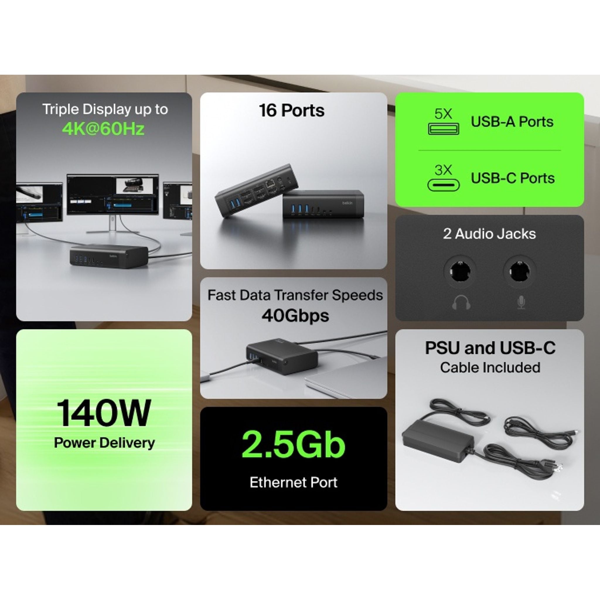 Belkin Connect Universal 16-Port Triple Display USB-C Dock Black 140W PD Triple 4K@60Hz tl:82d083a9