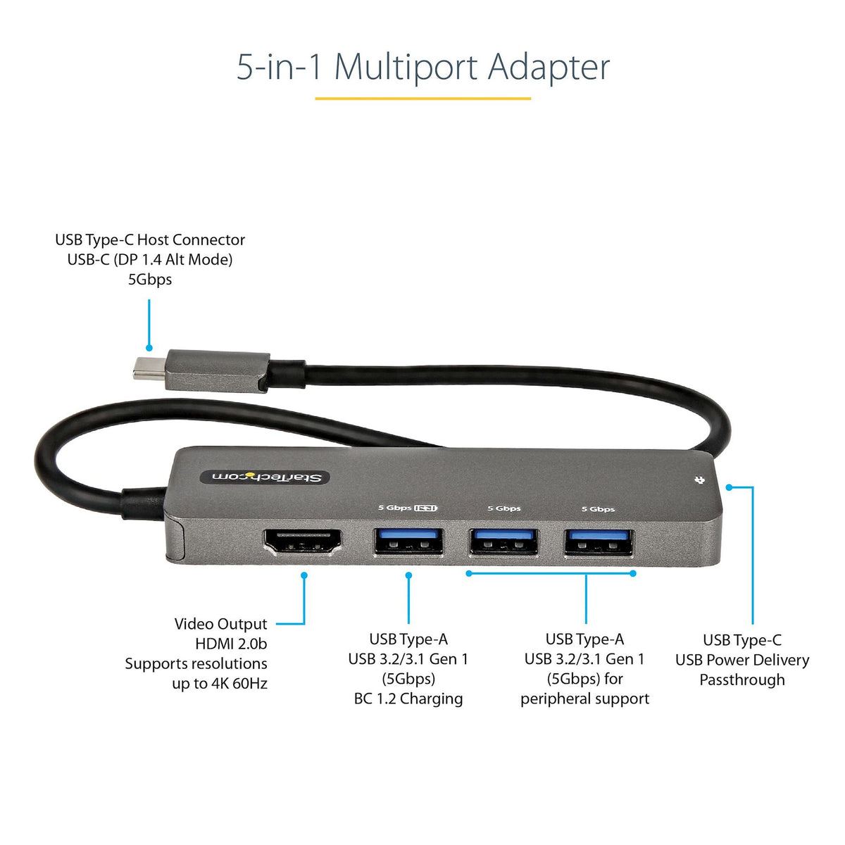 StarTech.com USB C Multiport Adapter HDMI 4K 60Hz 4xUSB 3.0 12" Cable