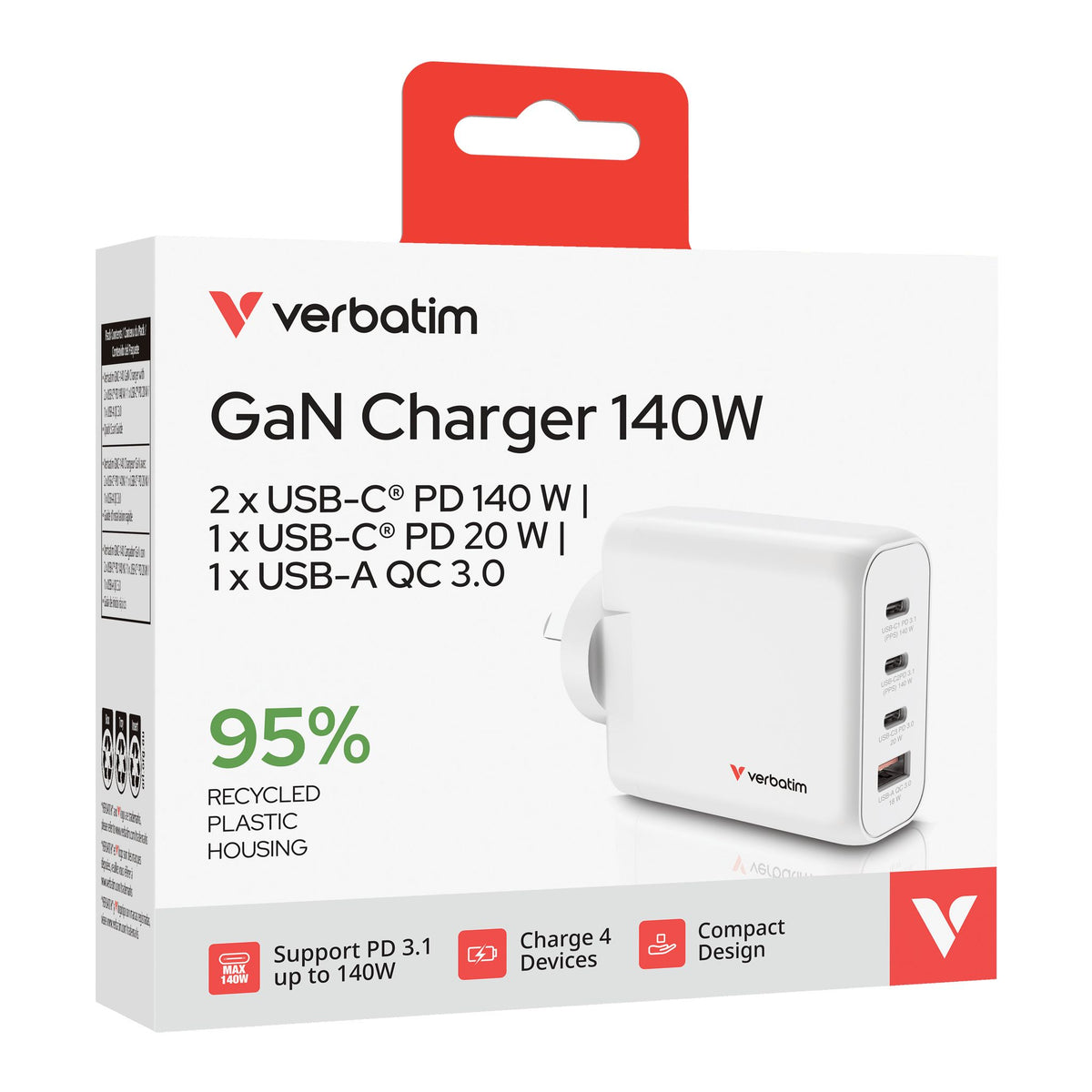 Verbatim 140W 3 USB-C Universal AC Adapter 230V Input
