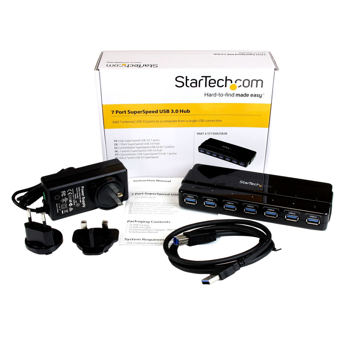 StarTech 7-Port USB 3.0 Hub 5Gbps Desktop with Power Adapter Black