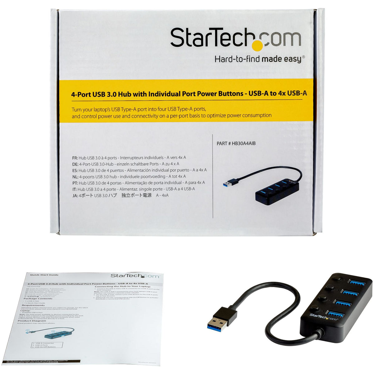 StarTech 4-Port USB 3.0 Hub 4x USB-A On/Off Switches 5Gbps UASP Support