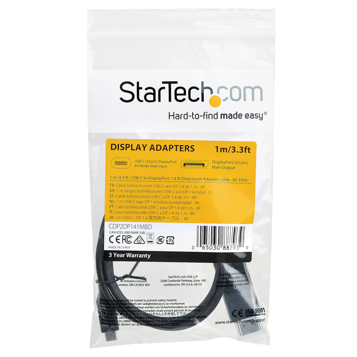 StarTech.com USB C to DisplayPort 1.4 Cable 8K 60Hz 1m