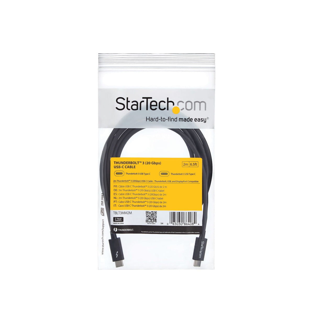 StarTech.com 2m Thunderbolt 3 Cable 20Gbps 100W PD 4K USB-C-Compatible