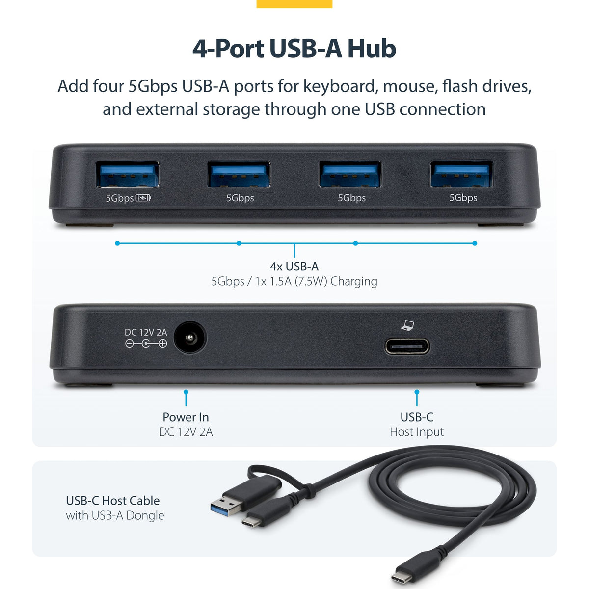 StarTech 4-Port USB-A Hub 5Gbps Self-Powered BC 1.2 Charging Port