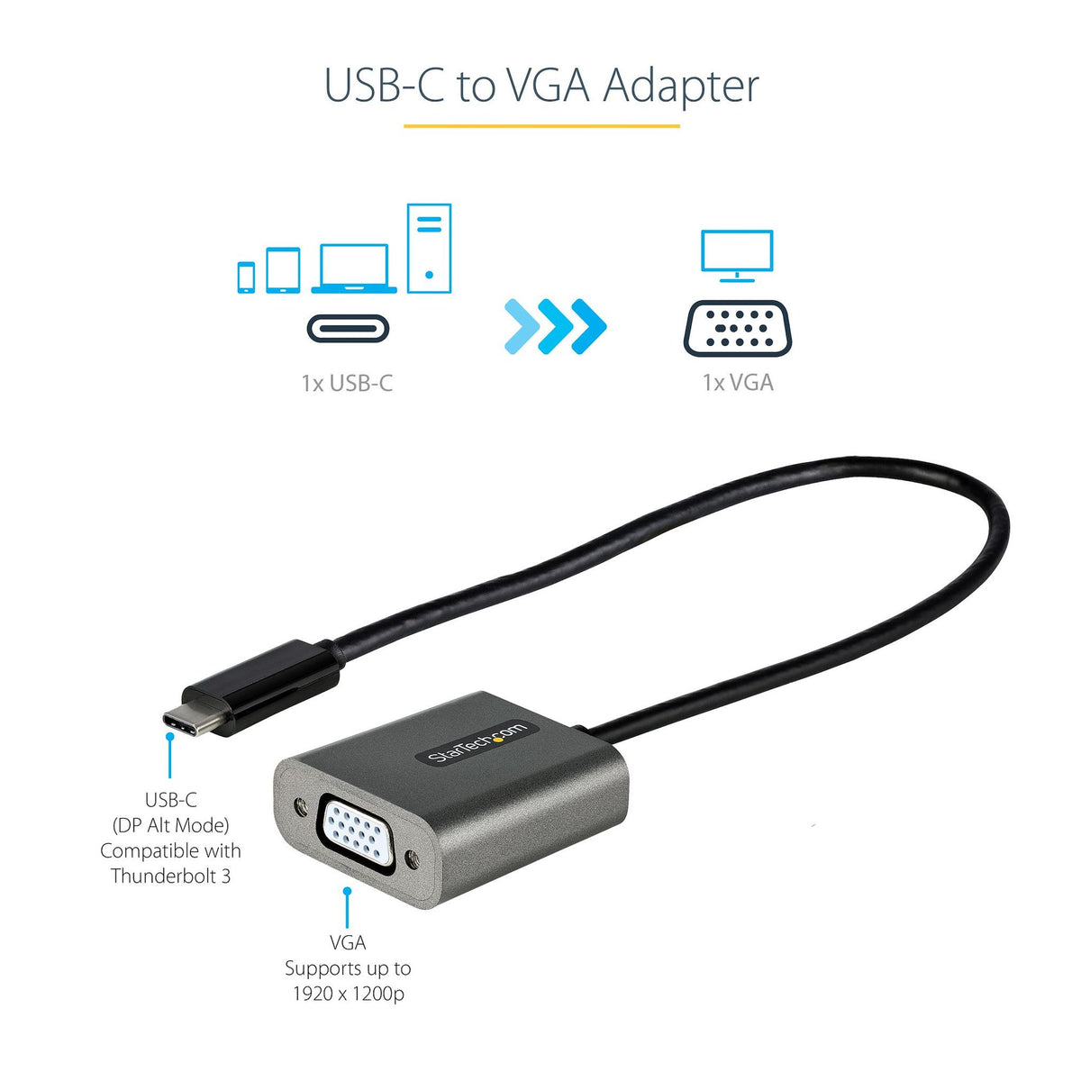 StarTech.com USB-C to VGA Adapter 12" Cable 1920x1200 Black