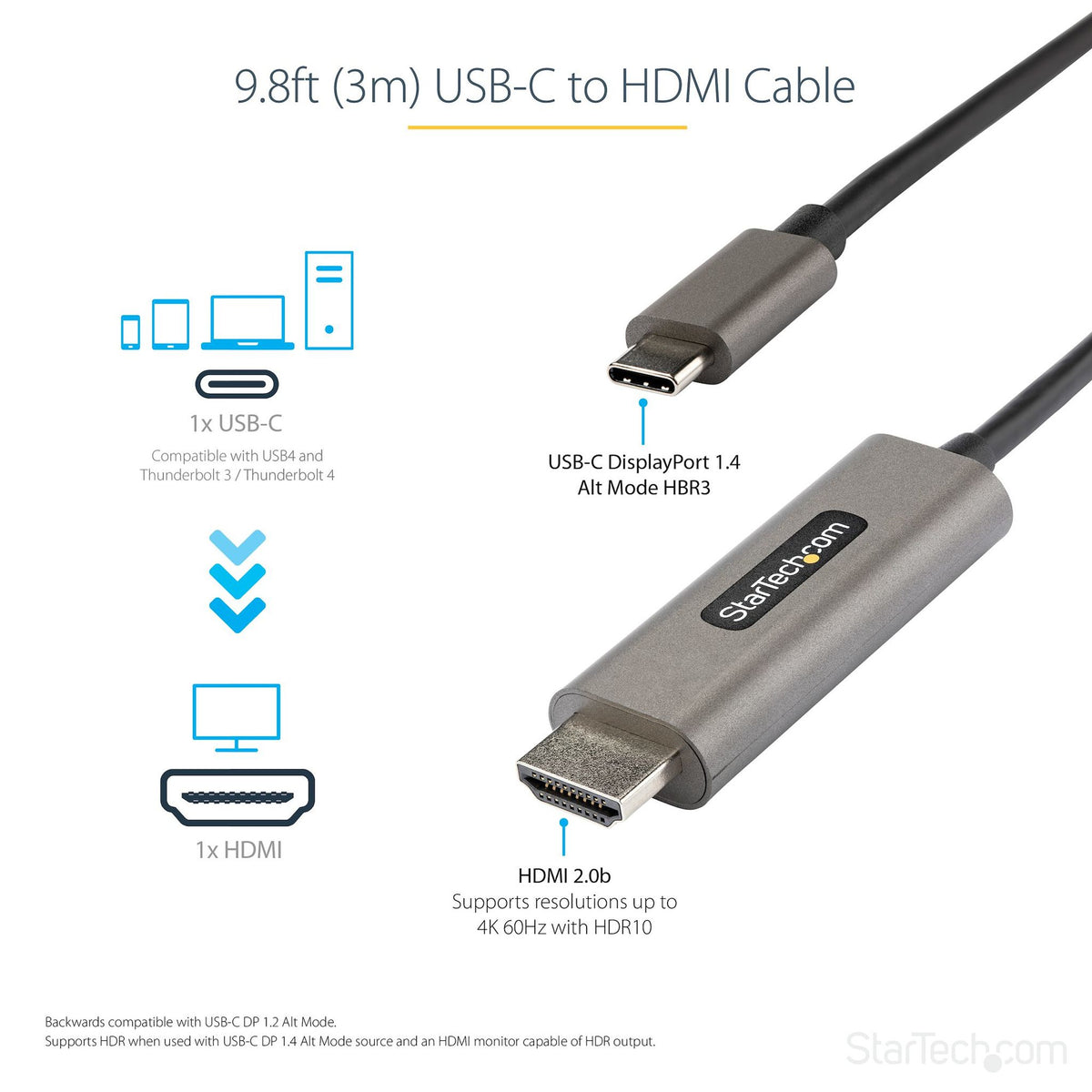 StarTech.com 3m USB C to HDMI Cable 4K 60Hz HDR Black