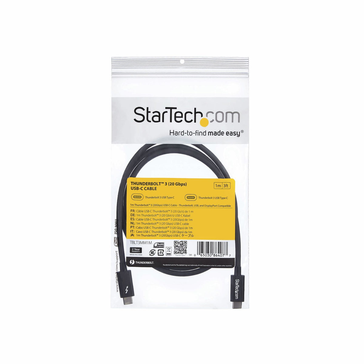 StarTech.com 1m Thunderbolt 3 Cable 20Gbps 100W PD 4K USB-C-Compatible