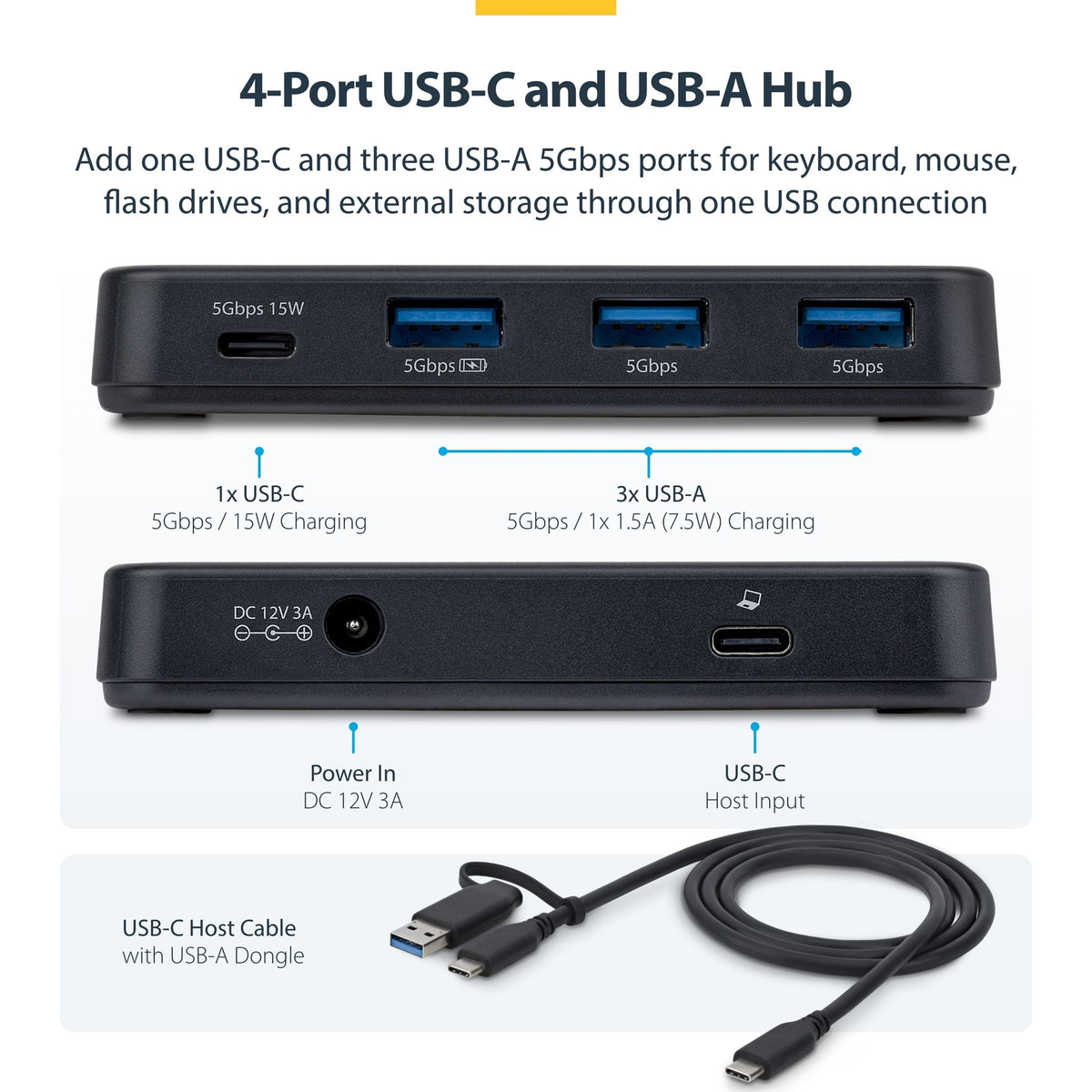 StarTech 4-Port USB-C & 3x USB-A Hub Self-Powered USB 3.0 5Gbps BC 1.2