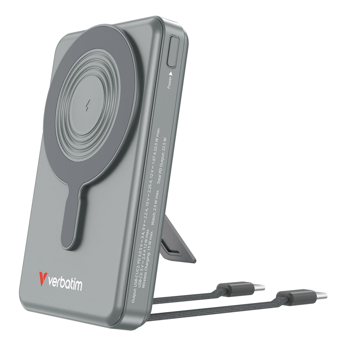 Verbatim Charge 'n' Go 10000mAh Power Bank Grey USB-C Qi Wireless Charging