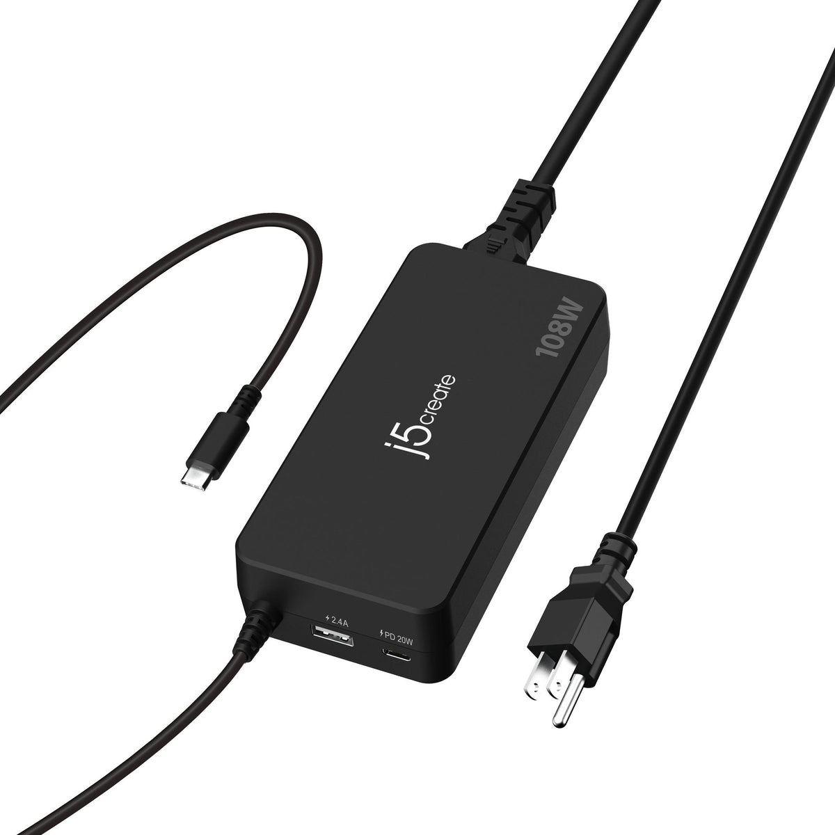 j5create JUP34108 AC Adapter 1 USB 2 USB-C 1.2m Cable Black