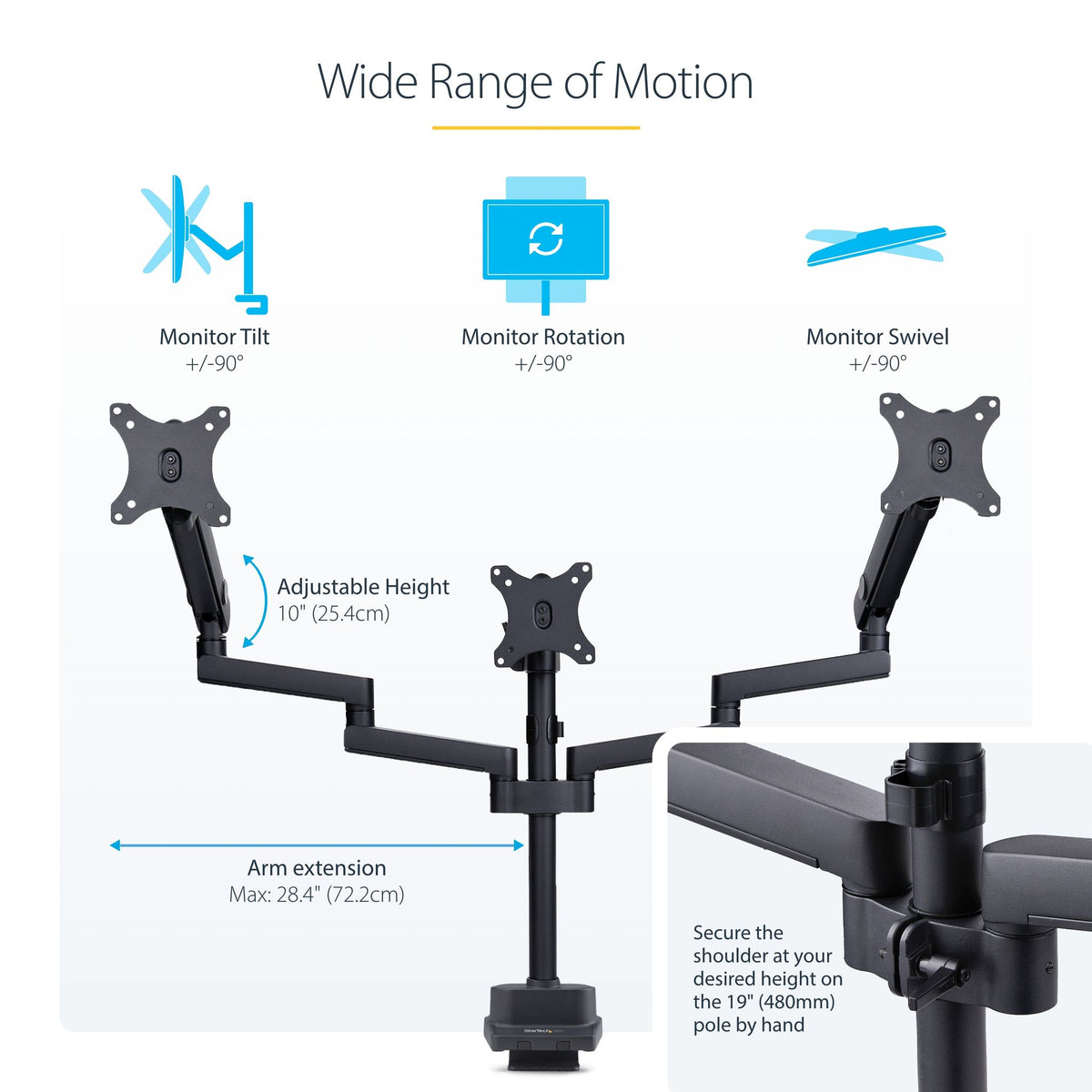 StarTech.com Triple Monitor Desk Mount 27" VESA 75x75/100x100 Tool-Less