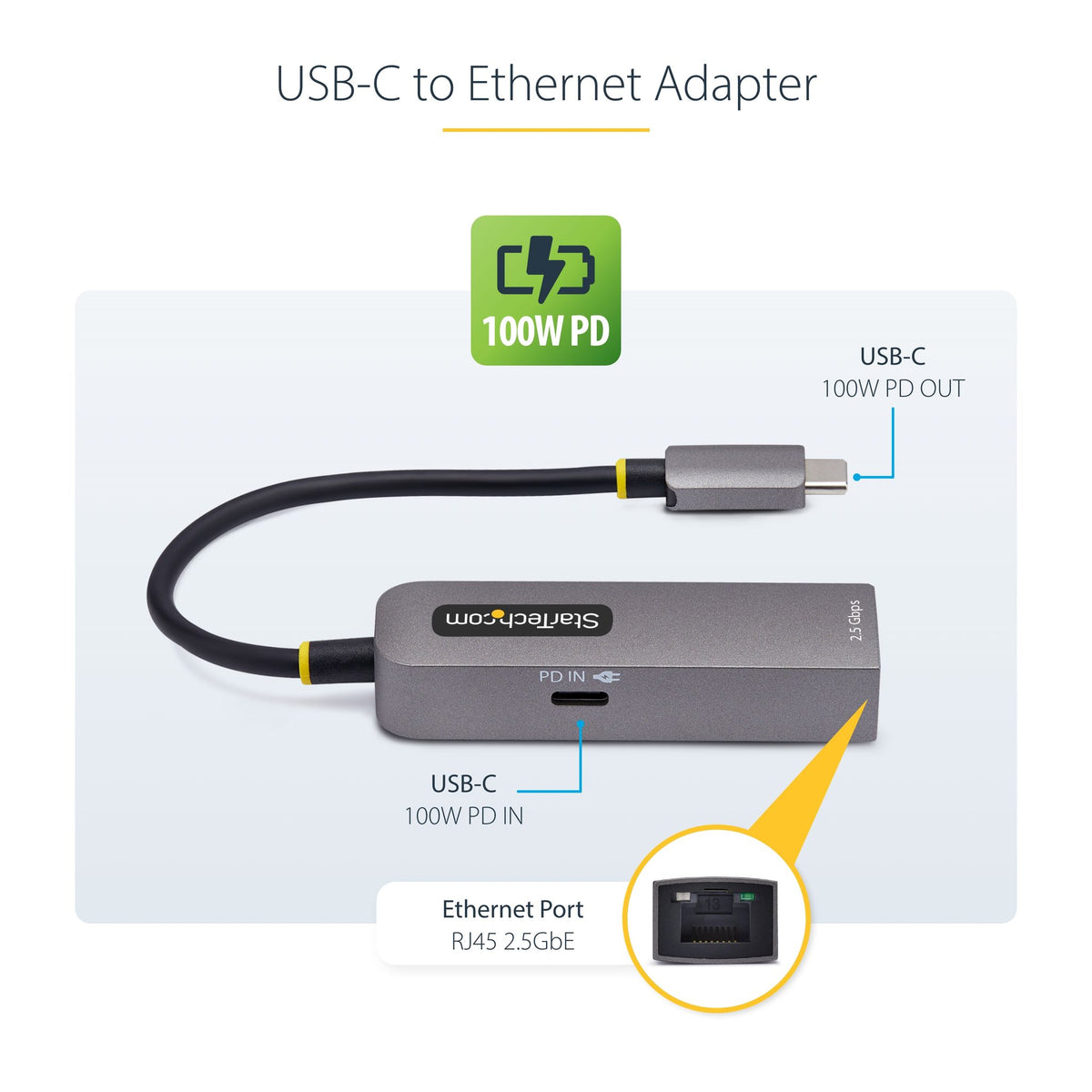 StarTech 2.5GbE USB-C to Ethernet Adapter 100W PD Pass-Through NBASE-T NIC