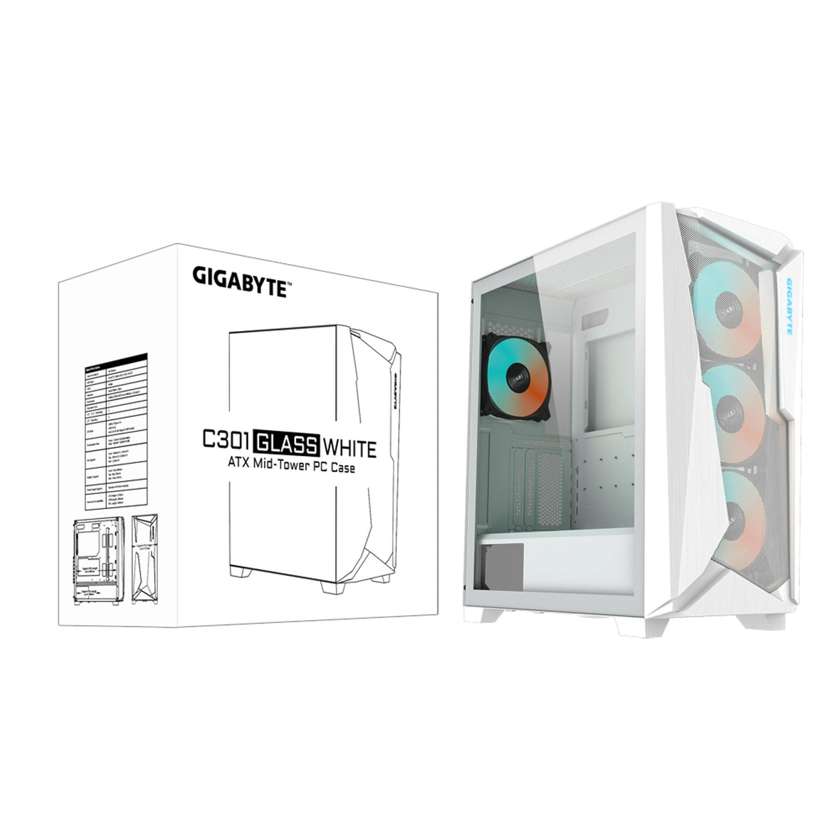 Gigabyte C301 RGB Tempered Glass E-ATX White Mid Tower Gaming Chassis tl:f1145ad3