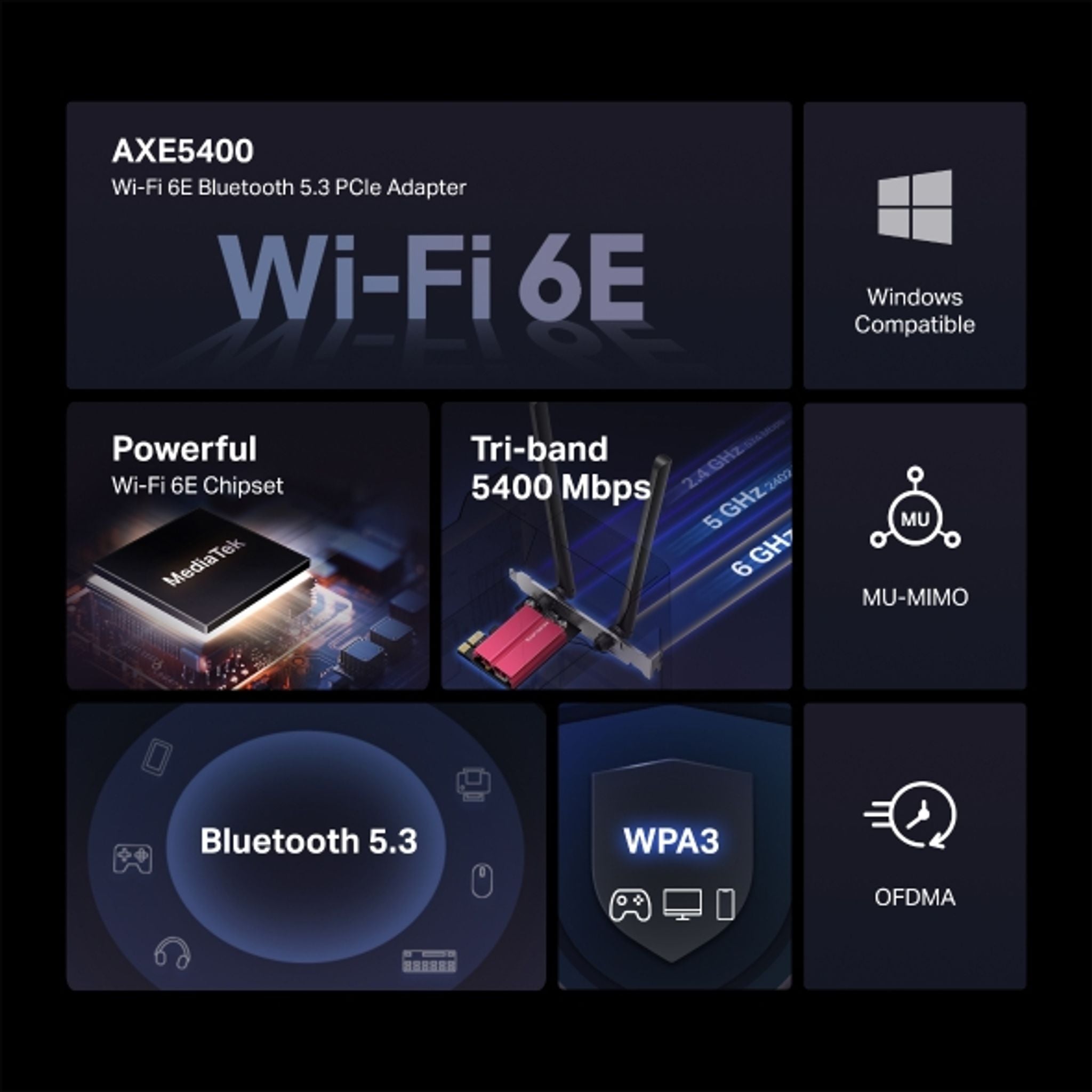 Mercusys MA86XE AXE5400 Wi-Fi 6E Bluetooth 5.2 PCIe Adapter 2402Mbps @6GHz 24... tl:3f60eaba