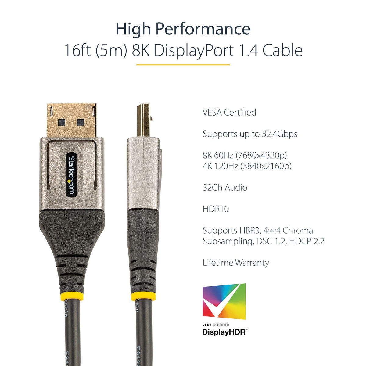 StarTech.com 5m DisplayPort 1.4 Cable 8K 60Hz HDR Gold Plated