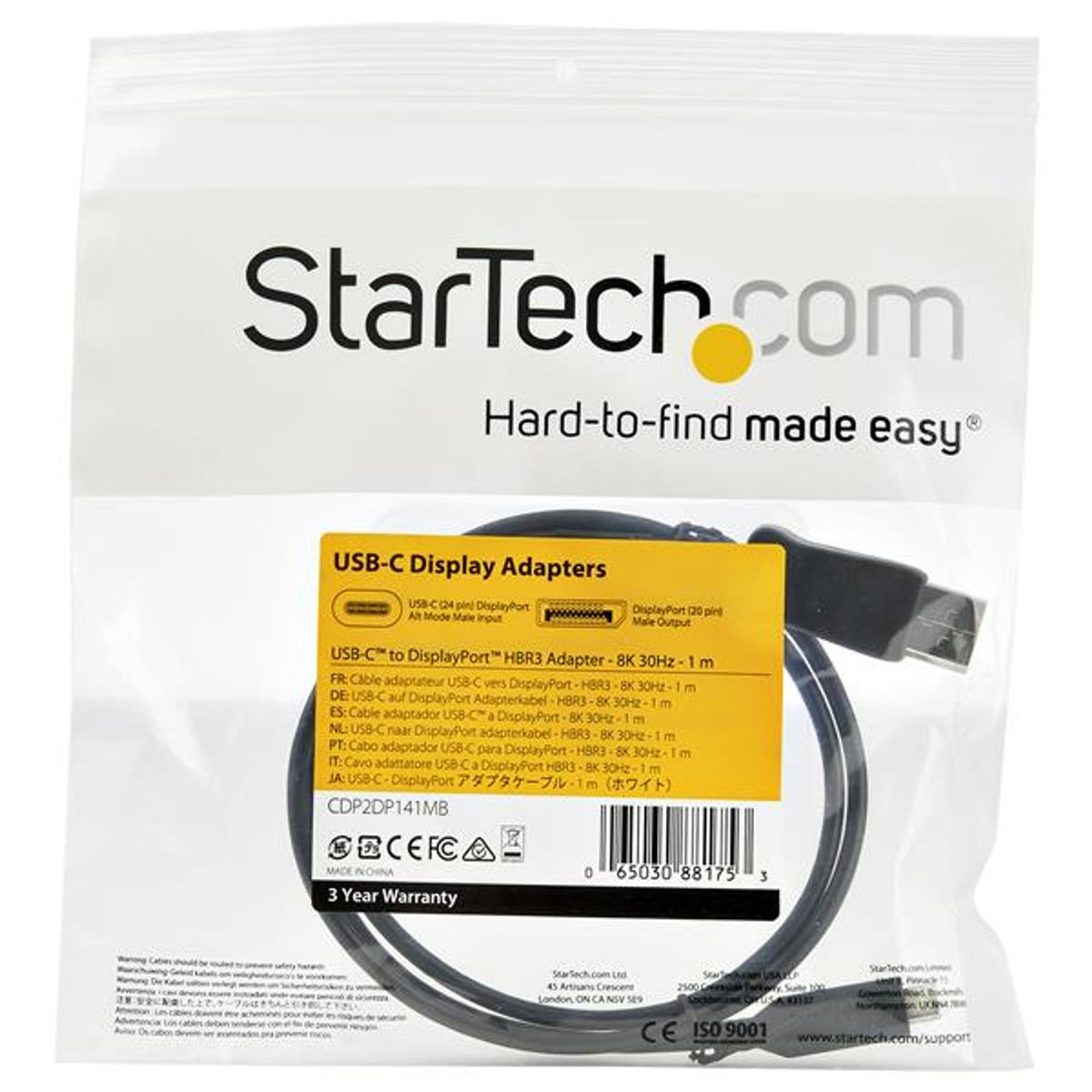 StarTech.com USB C to DisplayPort 1.4 Cable 8K 60Hz HDR