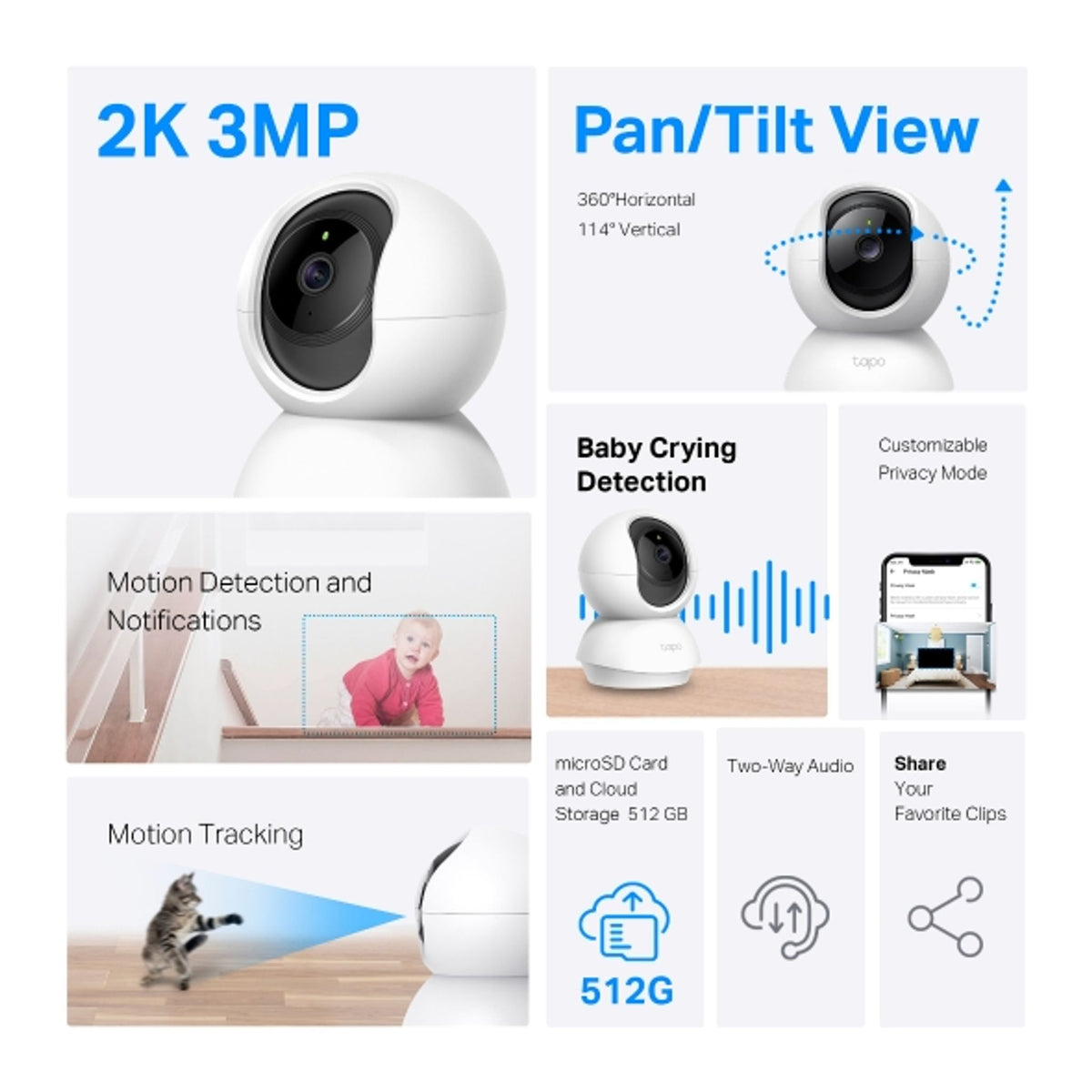 TP-Link TC71 Pan/Tilt 2K 3MP Home Security Wi-Fi Camera Two-Way Audio Motion Detect tl:e050098f