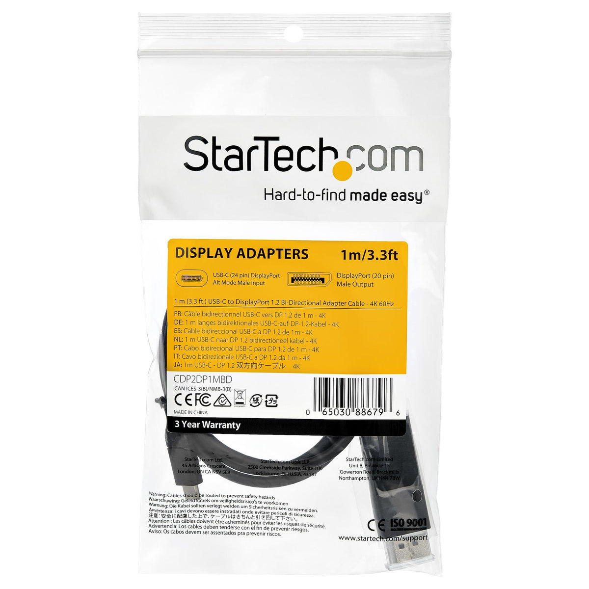 StarTech.com USB C to DisplayPort 1.2 Cable 3ft 4K 60Hz Black