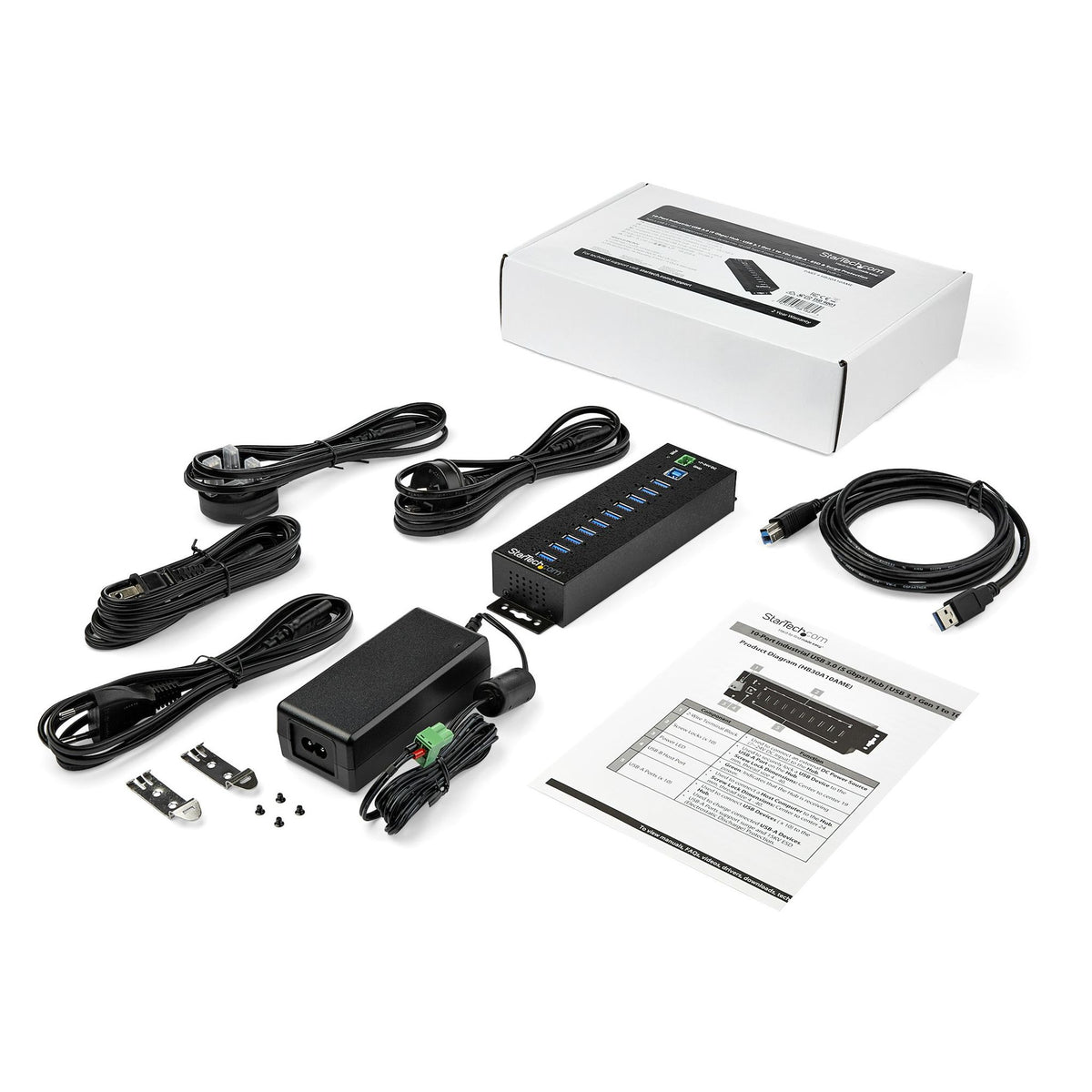 StarTech 10-Port Metal Industrial USB 3.2 Hub with Power Adapter 5Gbps UASP
