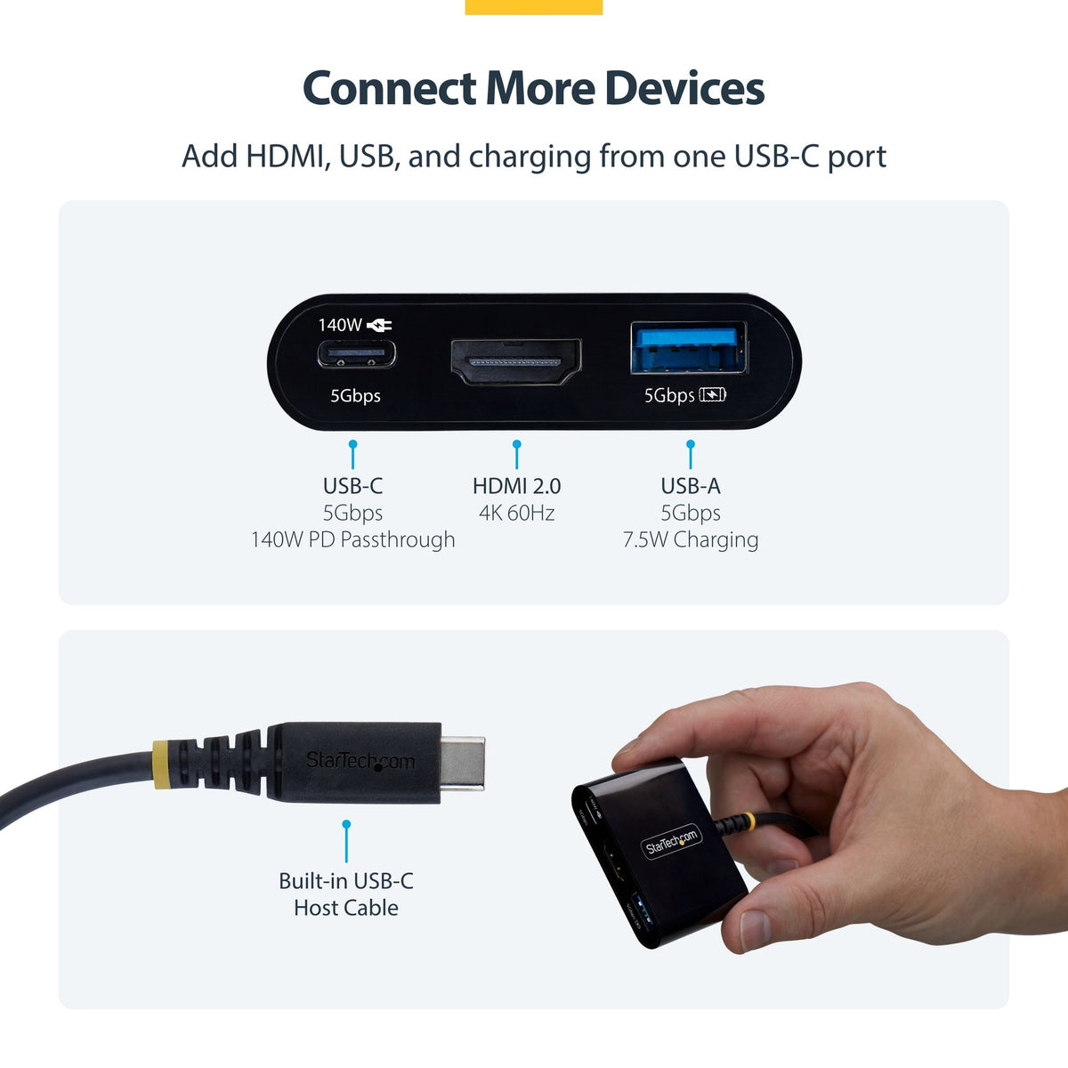StarTech USB-C to HDMI Multiport Adapter 4K 60Hz 140W PD USB-A Hub