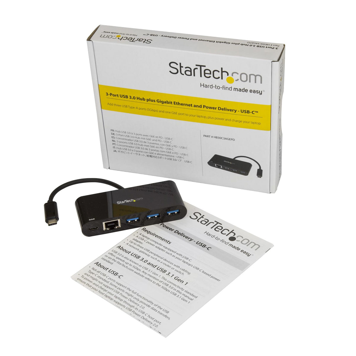 StarTech USB-C Combo Hub 3 USB 3.0 Ports Ethernet Black