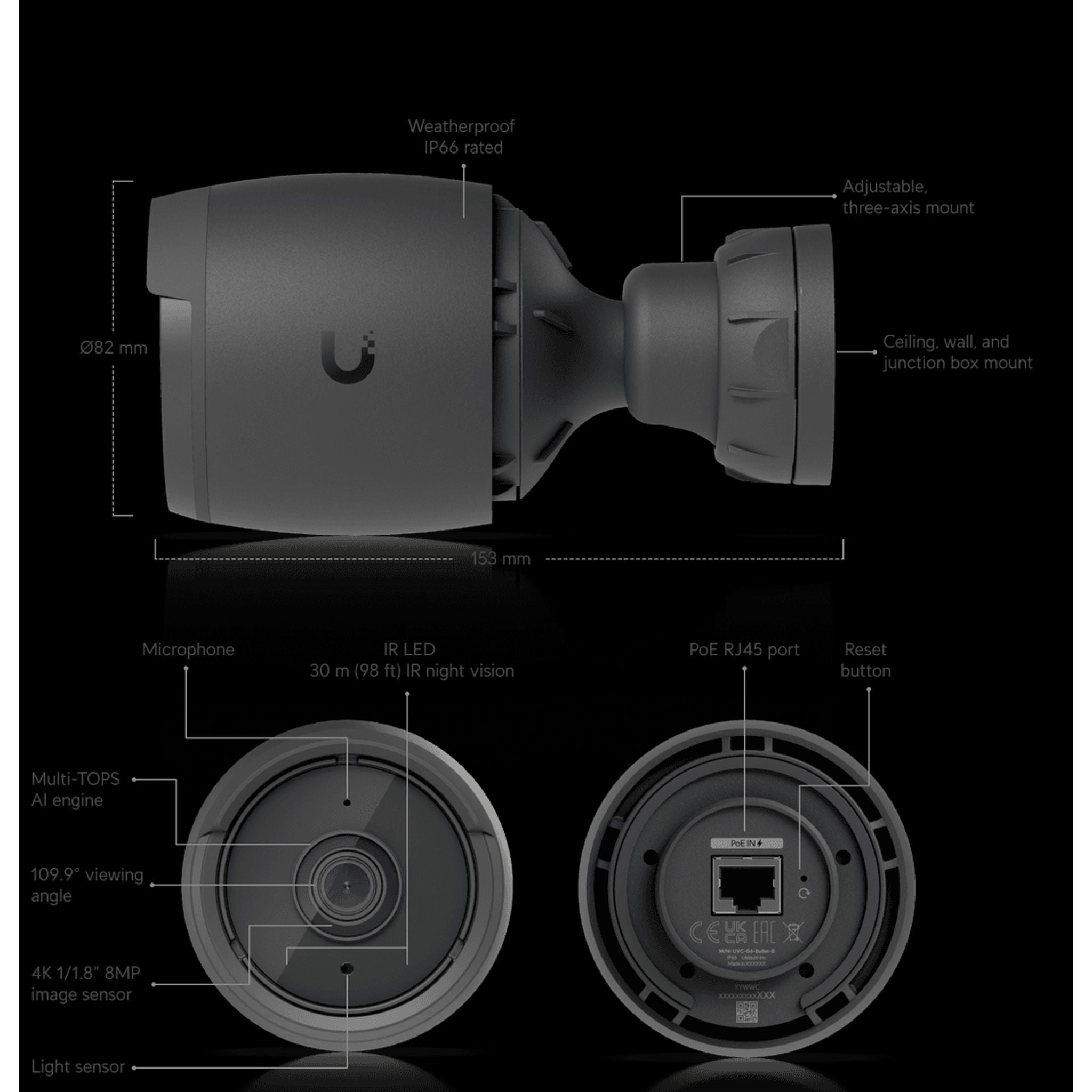 Ubiquiti G6 Bullet Black All-weather 4K PoE Camera With a 1/1.8" 8MP Image Se... tl:55df0ed