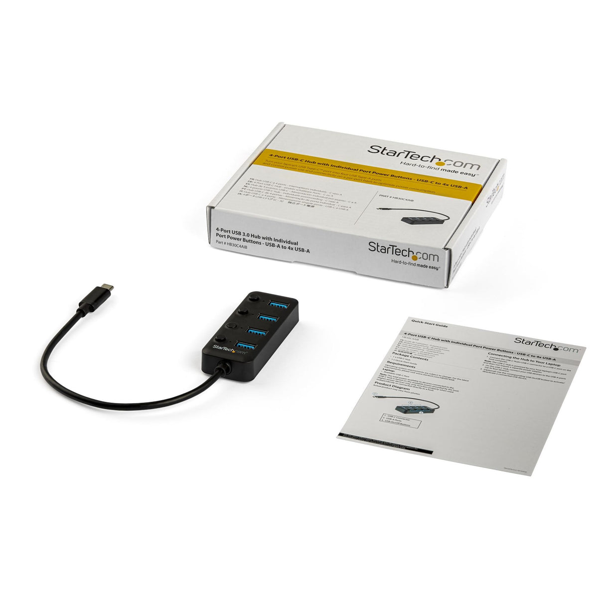 StarTech 4-Port USB-C Hub 4x USB 3.0 Type-A On/Off Switches 5Gbps UASP Bus