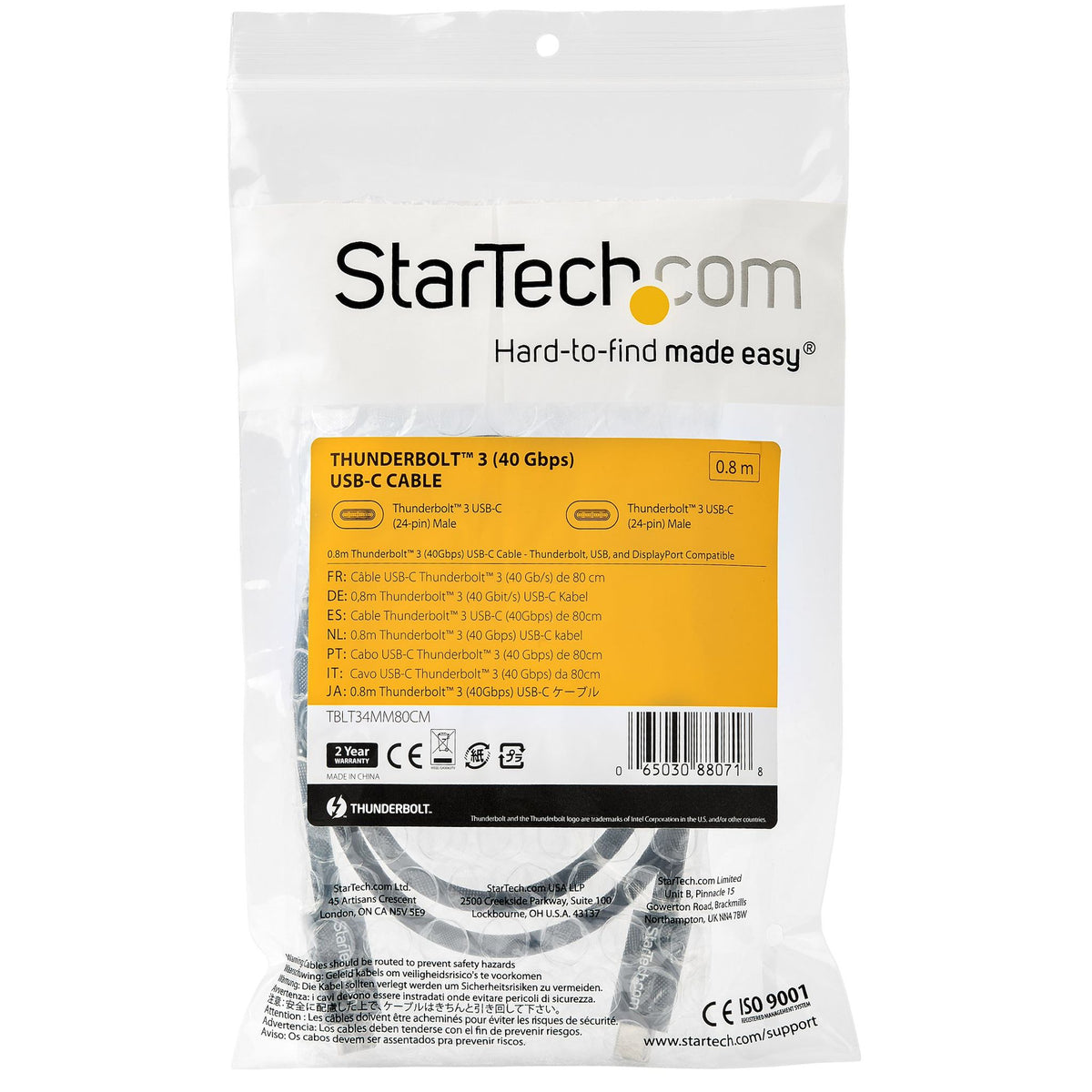 StarTech.com 80cm Thunderbolt 3 Cable 40Gbps 100W PD 4K/5K USB-C-Compatible