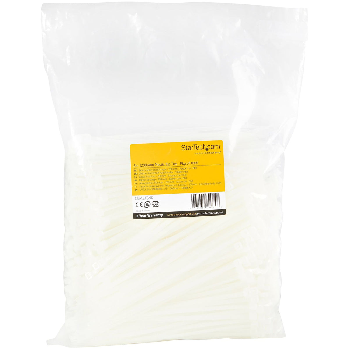 StarTech.com 1000 Pack 8" White Large Nylon Cable Ties